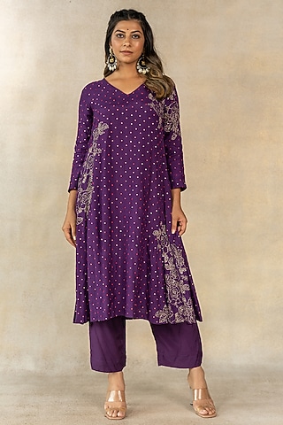 Purple Cotton Silk Hand Embroidered A-Line Kurta Set by TUSSAH BY SIDDHI SHAH
