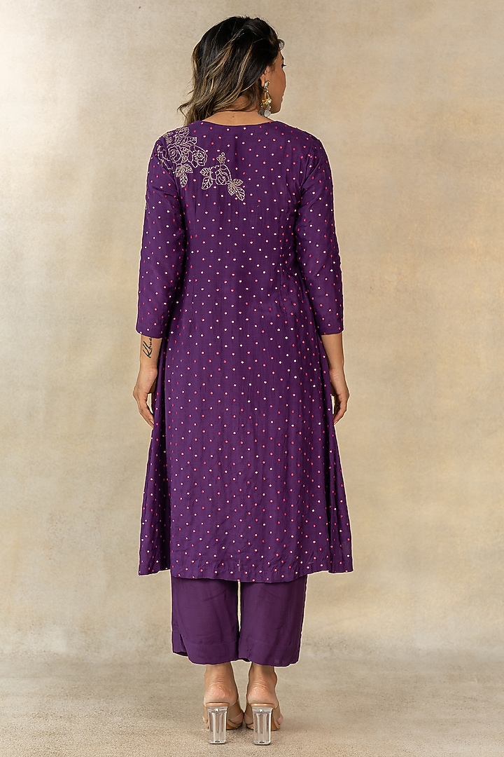 Purple Cotton Silk Hand Embroidered A-Line Kurta Set by TUSSAH BY SIDDHI SHAH at Pernia's Pop Up Shop