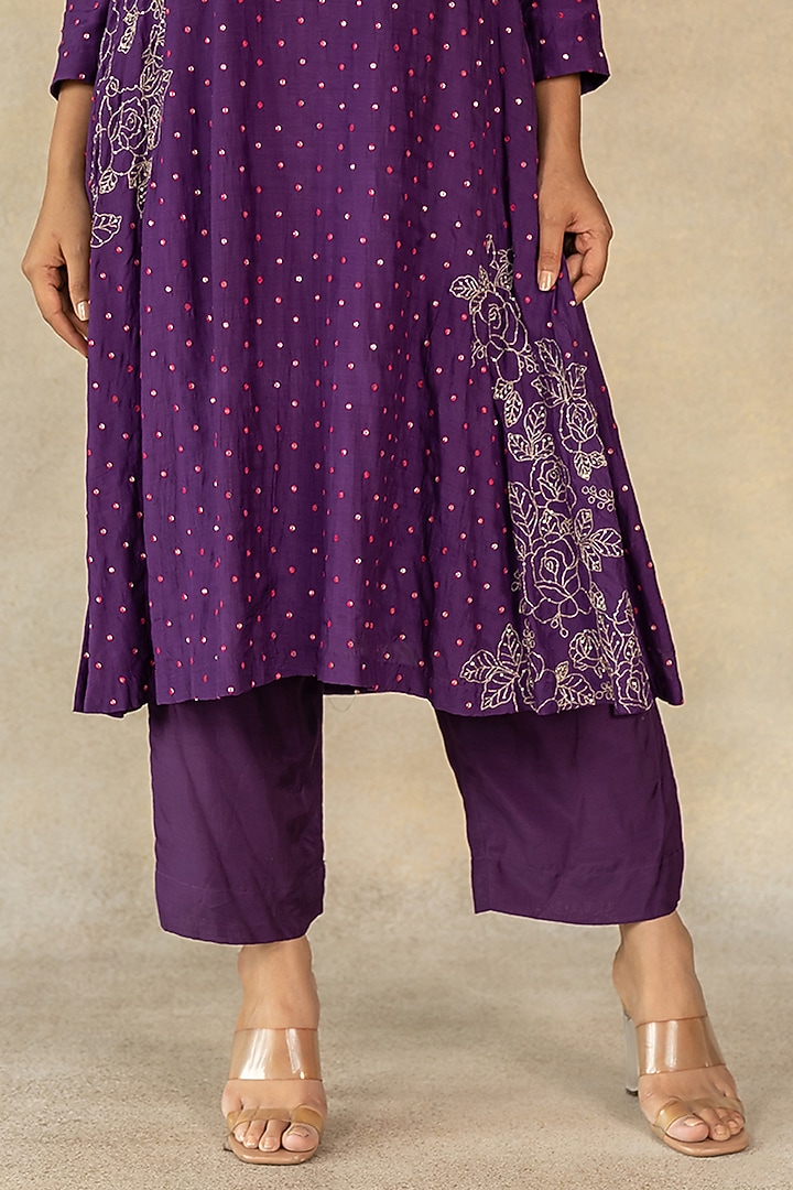 Purple Cotton Silk Hand Embroidered A-Line Kurta Set by TUSSAH BY SIDDHI SHAH at Pernia's Pop Up Shop
