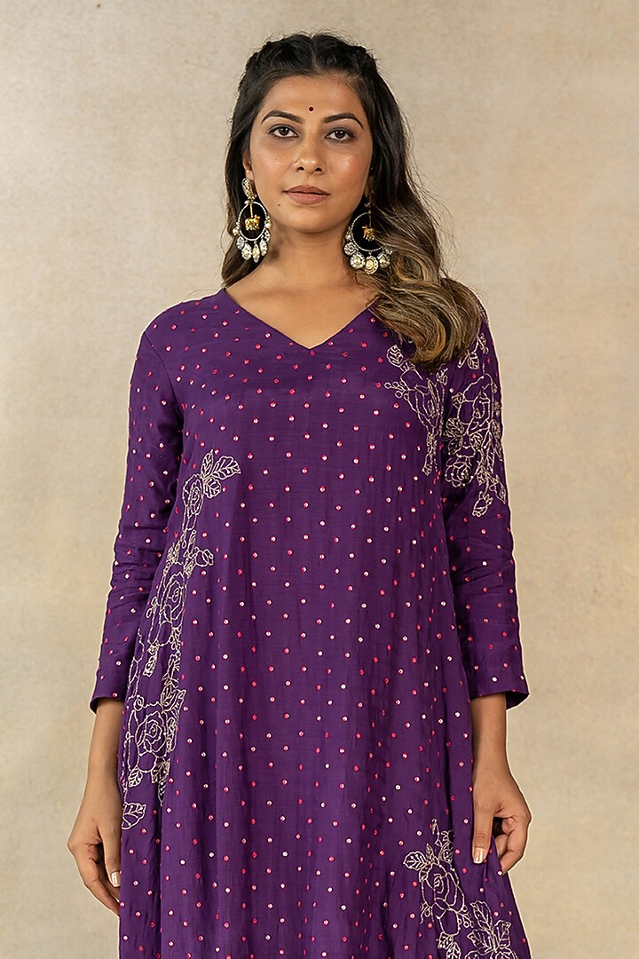 Purple Cotton Silk Hand Embroidered A-Line Kurta Set by TUSSAH BY SIDDHI SHAH at Pernia's Pop Up Shop