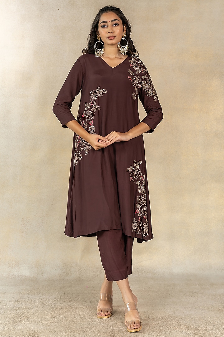 Brown Cotton Silk Embroidered A-Line Kurta Set by TUSSAH BY SIDDHI SHAH at Pernia's Pop Up Shop