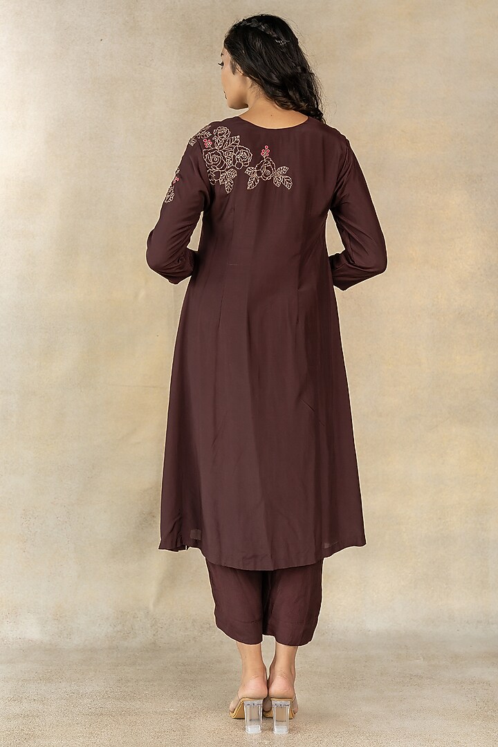 Brown Cotton Silk Embroidered A-Line Kurta Set by TUSSAH BY SIDDHI SHAH at Pernia's Pop Up Shop