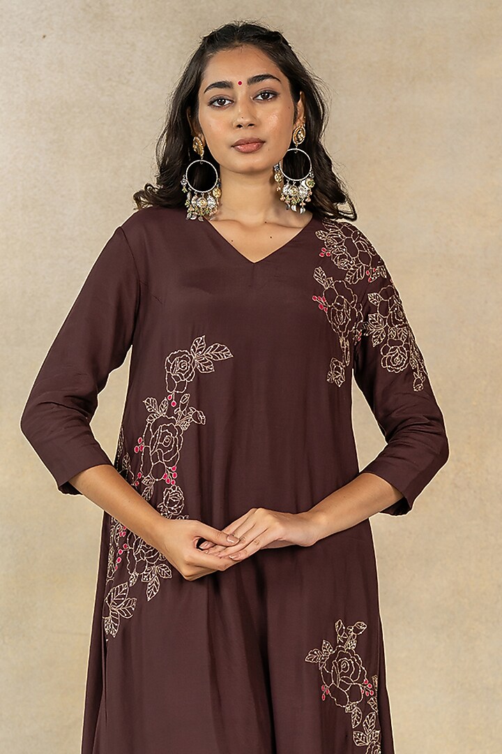 Brown Cotton Silk Embroidered A-Line Kurta Set by TUSSAH BY SIDDHI SHAH at Pernia's Pop Up Shop