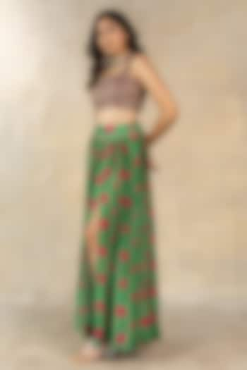 Dark Green Cotton Silk Floral Dot Printed Slit Skirt Set by TUSSAH BY SIDDHI SHAH at Pernia's Pop Up Shop