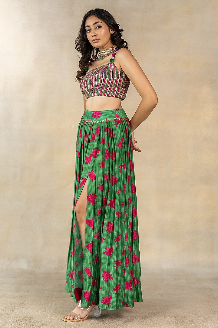 Dark Green Cotton Silk Floral Dot Printed Slit Skirt Set by TUSSAH BY SIDDHI SHAH at Pernia's Pop Up Shop