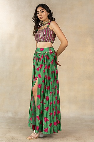 Dark Green Cotton Silk Floral Dot Printed Slit Skirt Set by TUSSAH BY SIDDHI SHAH
