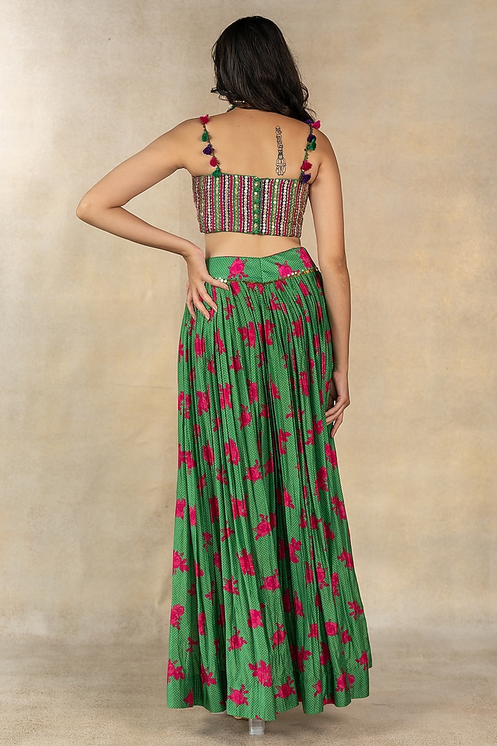 Dark Green Cotton Silk Floral Dot Printed Slit Skirt Set by TUSSAH BY SIDDHI SHAH at Pernia's Pop Up Shop