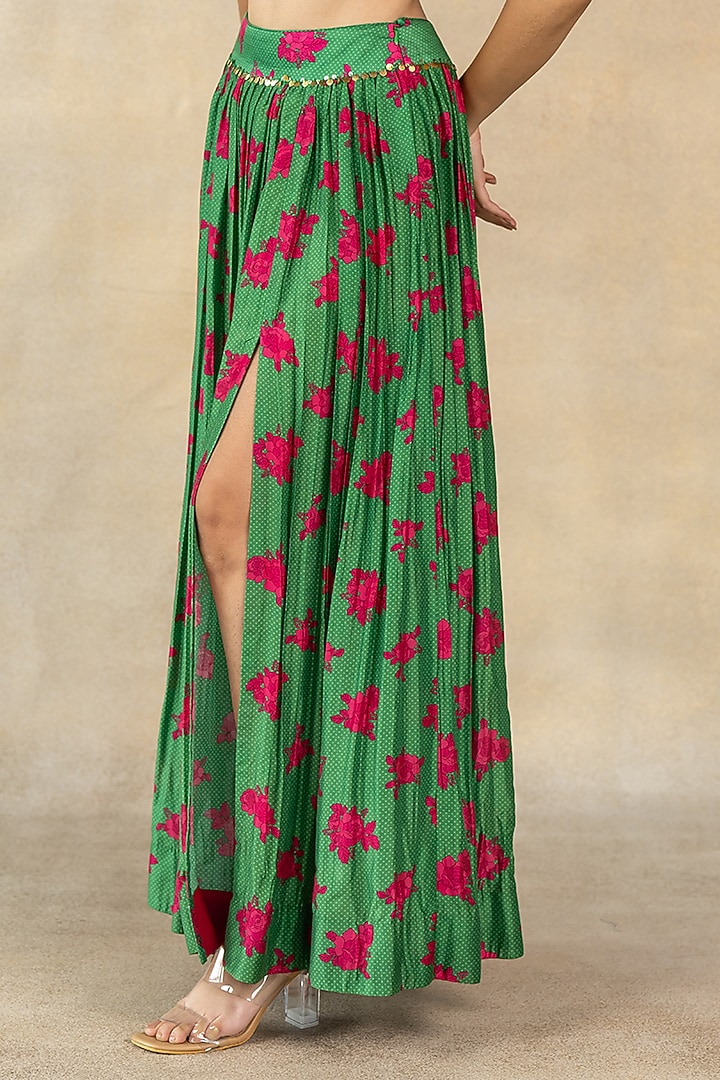 Dark Green Cotton Silk Floral Dot Printed Slit Skirt Set by TUSSAH BY SIDDHI SHAH at Pernia's Pop Up Shop