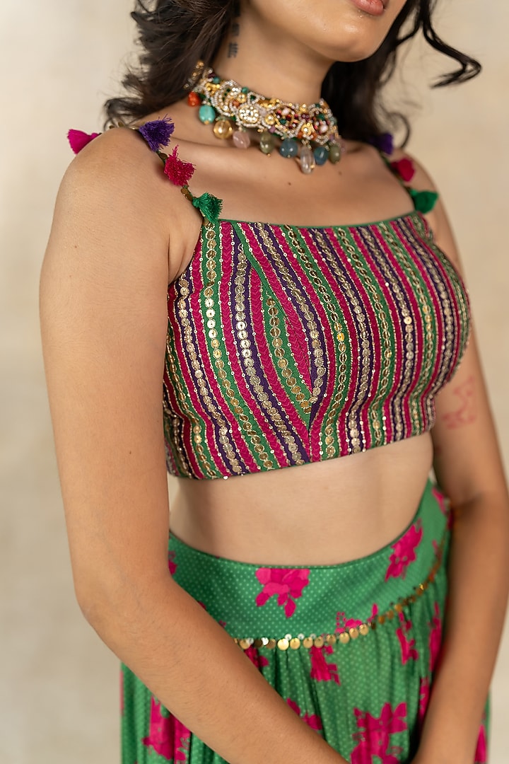 Dark Green Cotton Silk Floral Dot Printed Slit Skirt Set by TUSSAH BY SIDDHI SHAH at Pernia's Pop Up Shop