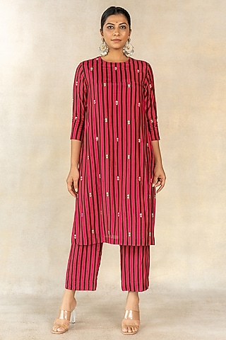 Pink & Brown Cotton Silk Stripes Printed Straight Kurta Set by TUSSAH BY SIDDHI SHAH
