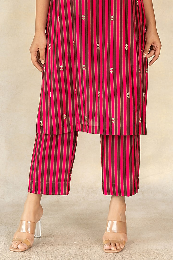 Pink & Brown Cotton Silk Stripes Printed Straight Kurta Set by TUSSAH BY SIDDHI SHAH at Pernia's Pop Up Shop