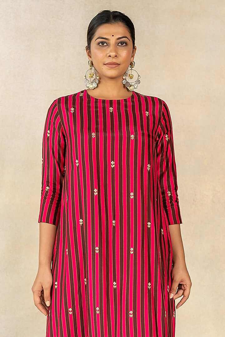 Pink & Brown Cotton Silk Stripes Printed Straight Kurta Set by TUSSAH BY SIDDHI SHAH at Pernia's Pop Up Shop