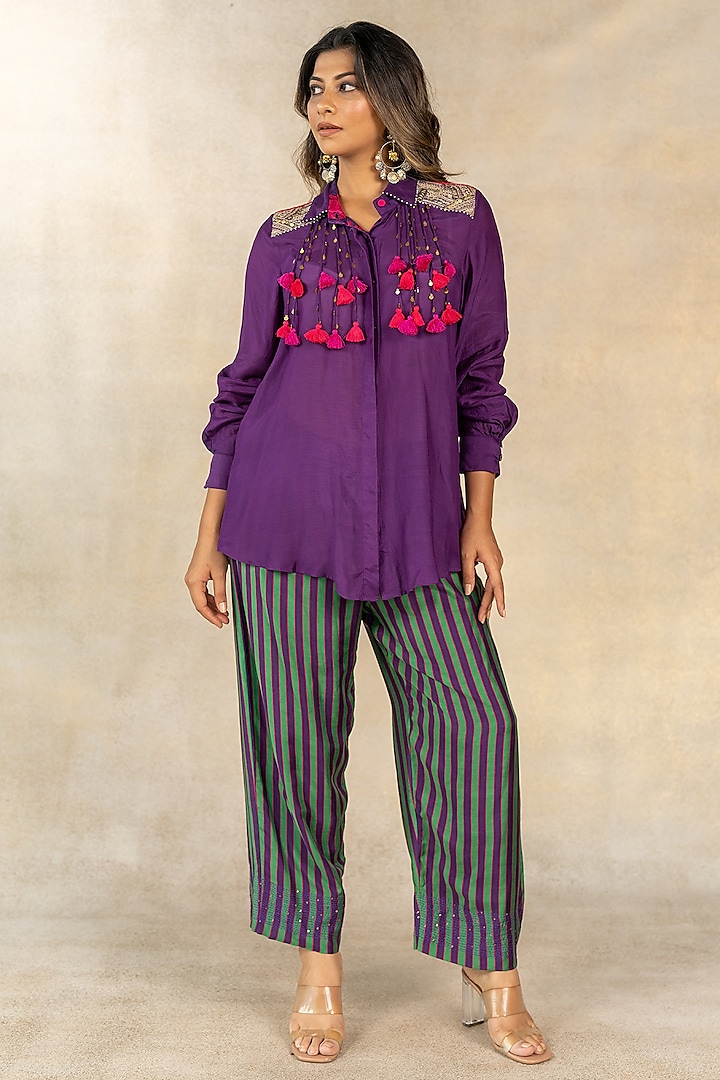 Green & Purple Cotton Silk Stripes Printed Co-Ord Set by TUSSAH BY SIDDHI SHAH at Pernia's Pop Up Shop