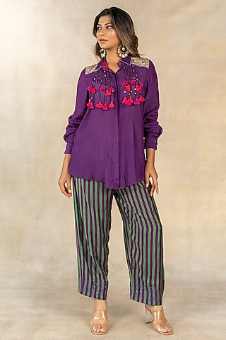 Green & Purple Cotton Silk Stripes Printed Co-Ord Set by TUSSAH BY SIDDHI SHAH