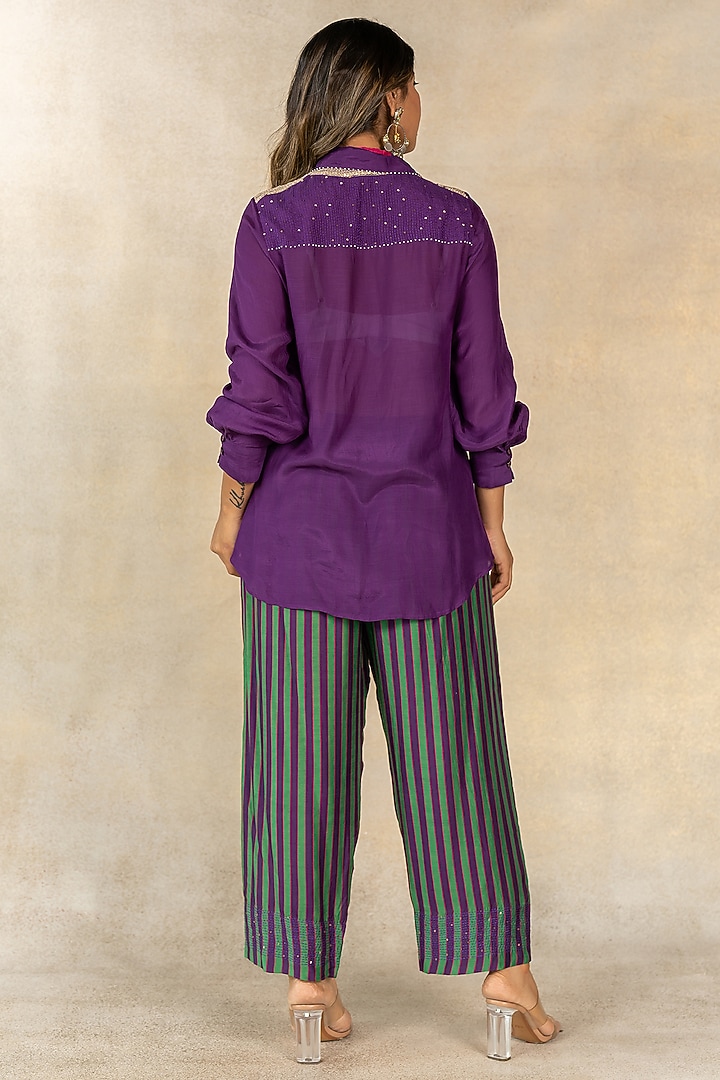 Green & Purple Cotton Silk Stripes Printed Co-Ord Set by TUSSAH BY SIDDHI SHAH at Pernia's Pop Up Shop