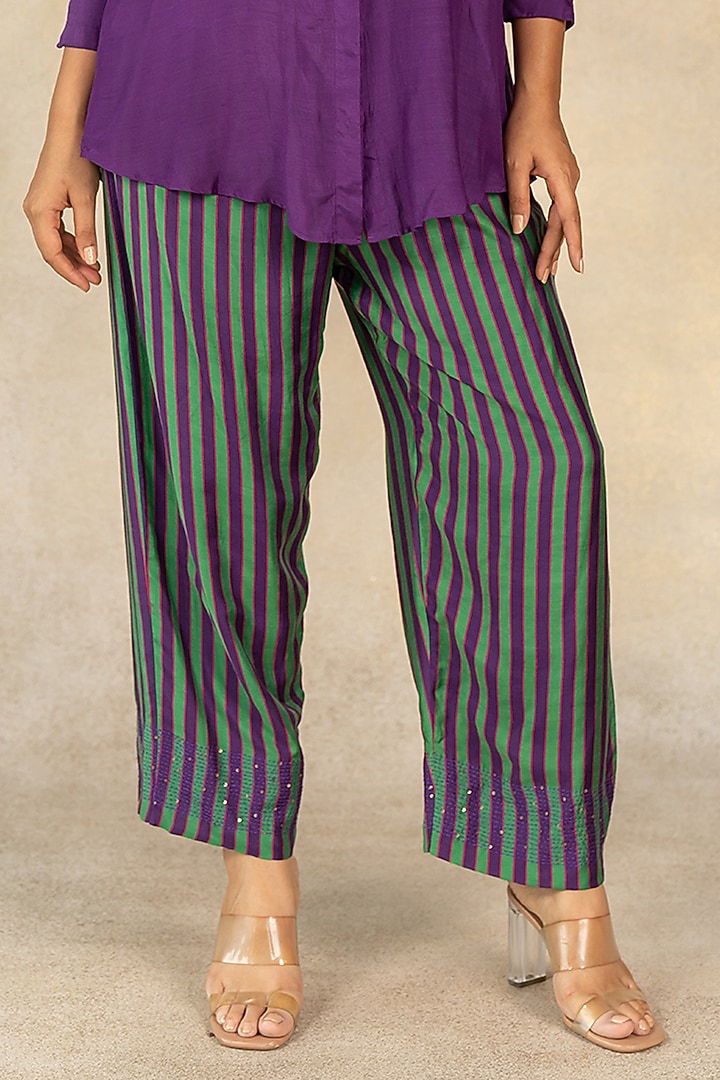 Green & Purple Cotton Silk Stripes Printed Co-Ord Set by TUSSAH BY SIDDHI SHAH at Pernia's Pop Up Shop