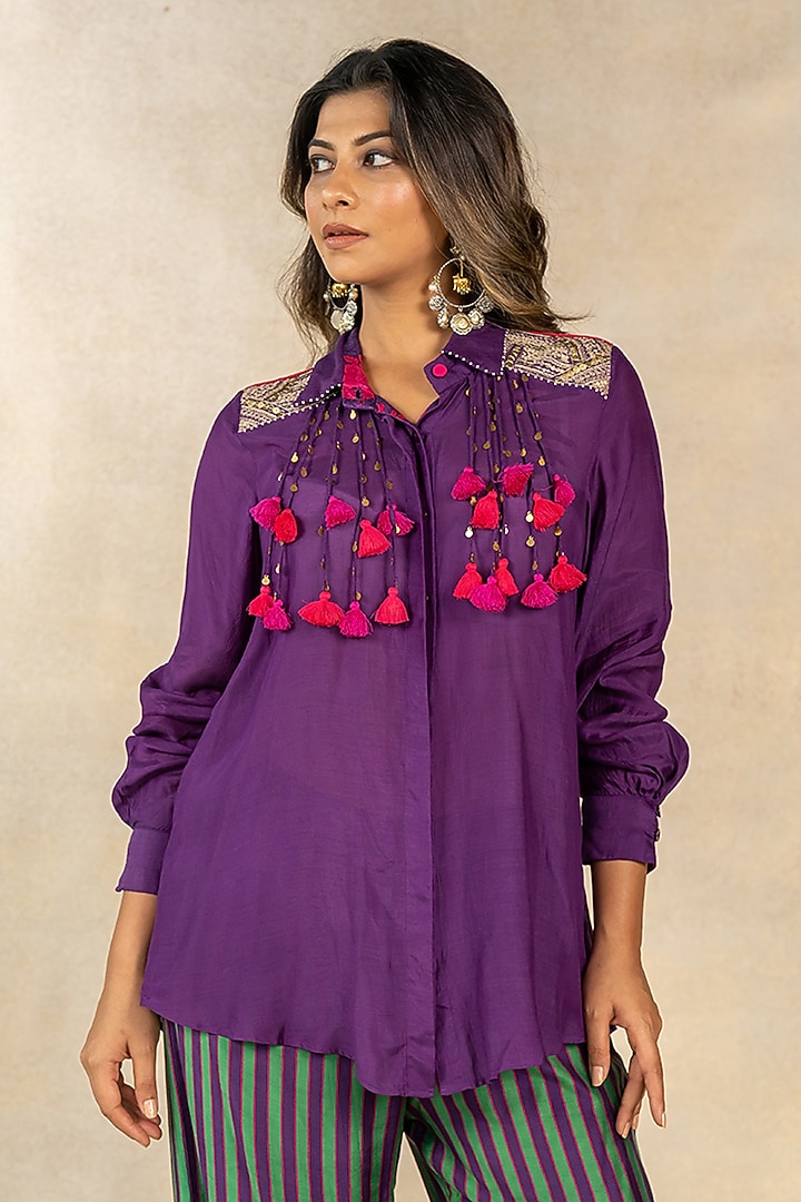 Green & Purple Cotton Silk Stripes Printed Co-Ord Set by TUSSAH BY SIDDHI SHAH at Pernia's Pop Up Shop