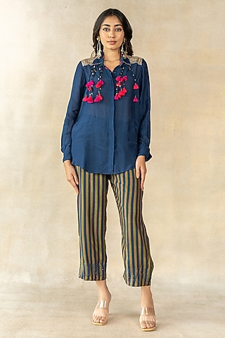 Mehendi Green & Teal Blue Cotton Silk Stripes Printed Co-Ord Set by TUSSAH BY SIDDHI SHAH