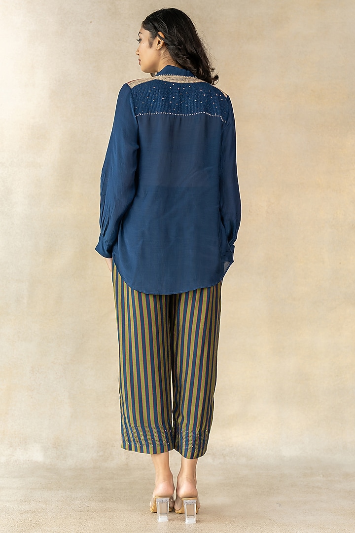 Mehendi Green & Teal Blue Cotton Silk Stripes Printed Co-Ord Set by TUSSAH BY SIDDHI SHAH at Pernia's Pop Up Shop