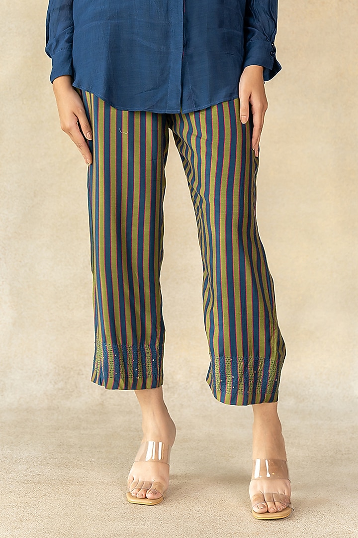 Mehendi Green & Teal Blue Cotton Silk Stripes Printed Co-Ord Set by TUSSAH BY SIDDHI SHAH at Pernia's Pop Up Shop
