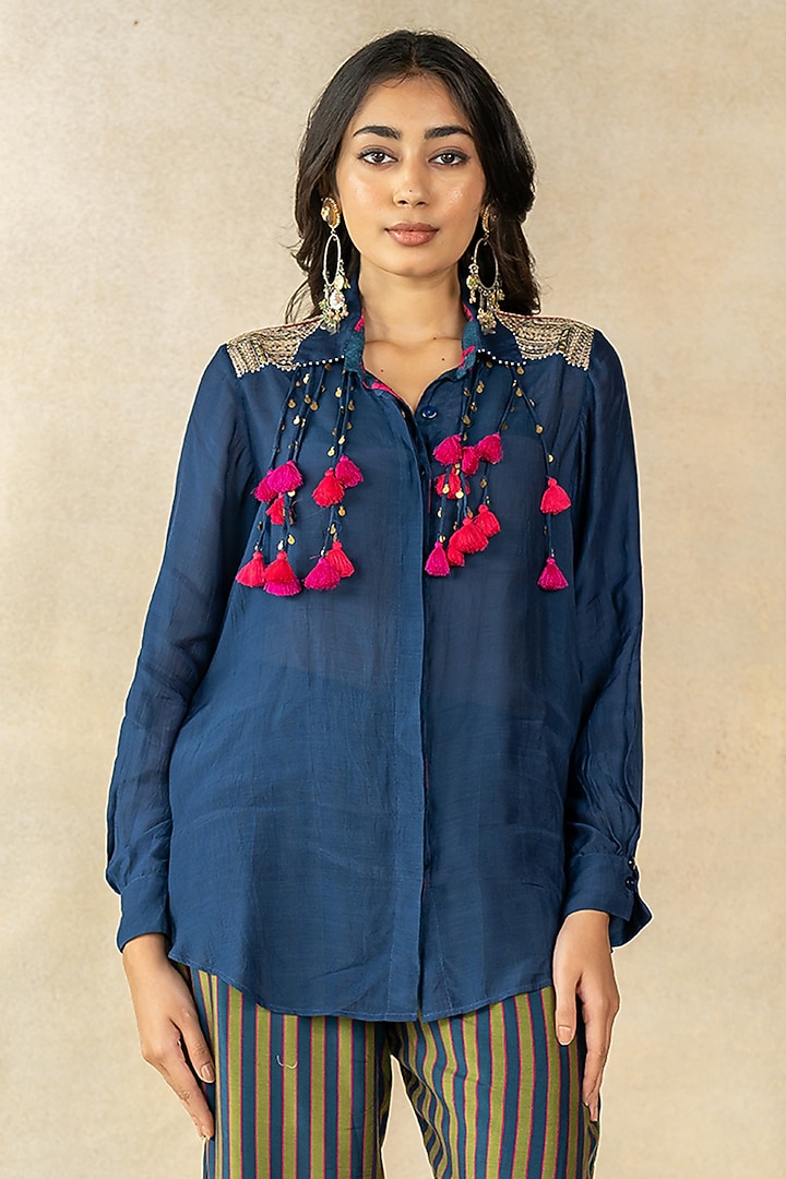 Mehendi Green & Teal Blue Cotton Silk Stripes Printed Co-Ord Set by TUSSAH BY SIDDHI SHAH at Pernia's Pop Up Shop