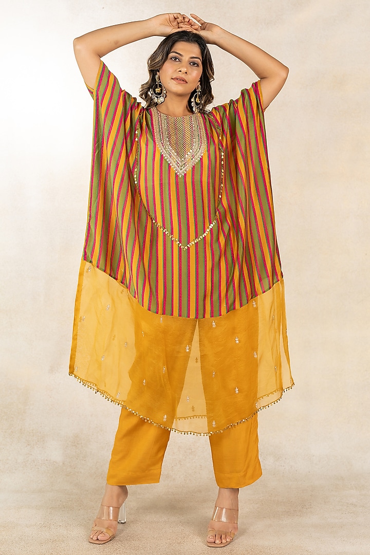 Mustard & Mehendi Green Cotton Silk Striped Printed Kaftan Set by TUSSAH BY SIDDHI SHAH