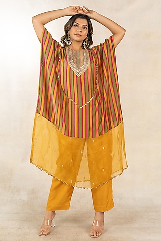 Mustard & Mehendi Green Cotton Silk Striped Printed Kaftan Set by TUSSAH BY SIDDHI SHAH