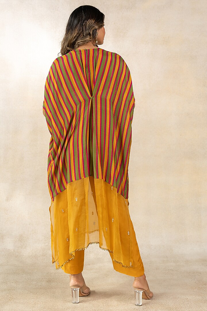 Mustard & Mehendi Green Cotton Silk Striped Printed Kaftan Set by TUSSAH BY SIDDHI SHAH at Pernia's Pop Up Shop