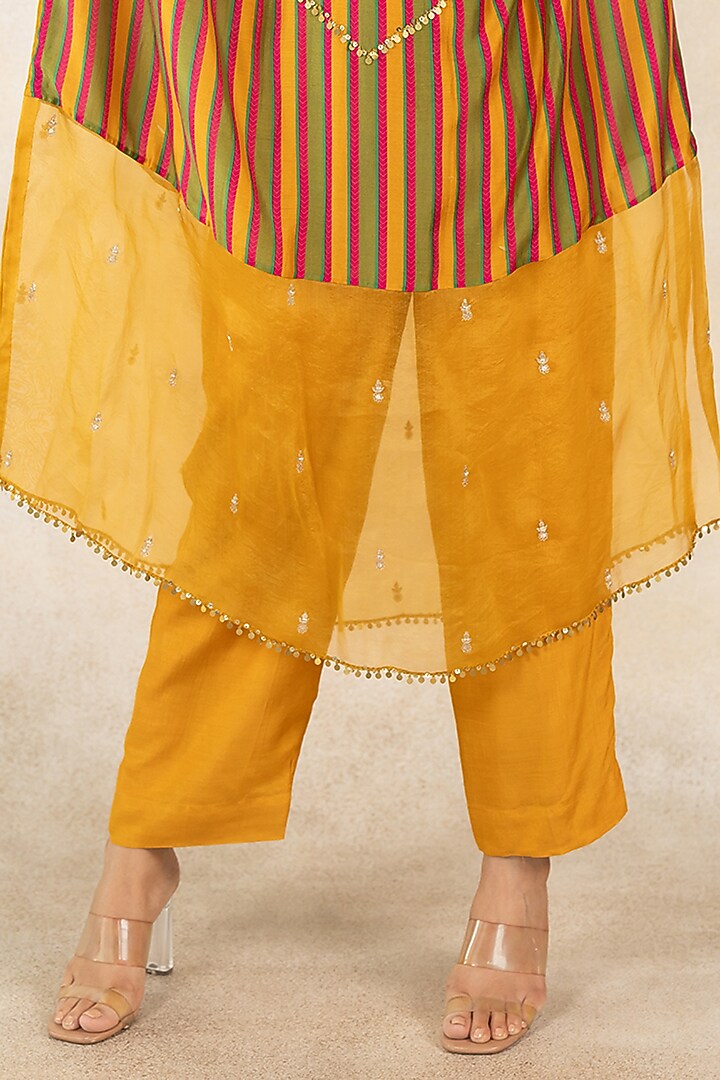 Mustard & Mehendi Green Cotton Silk Striped Printed Kaftan Set by TUSSAH BY SIDDHI SHAH at Pernia's Pop Up Shop