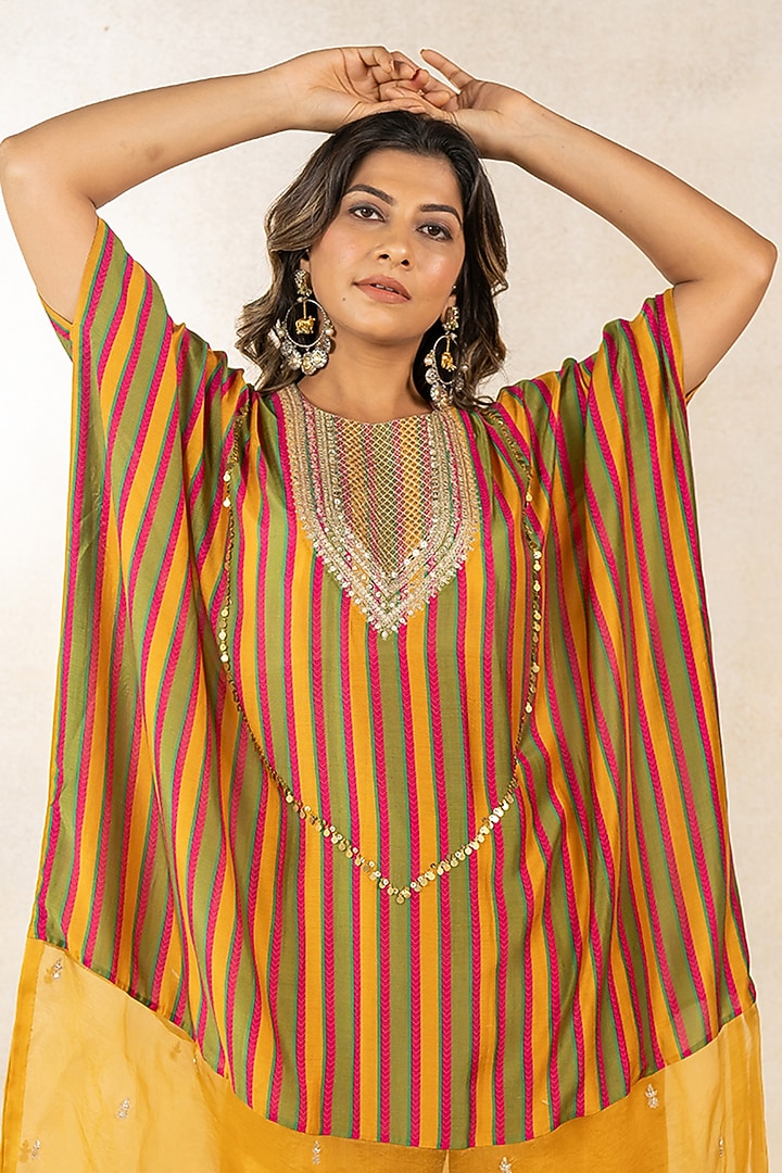 Mustard & Mehendi Green Cotton Silk Striped Printed Kaftan Set by TUSSAH BY SIDDHI SHAH at Pernia's Pop Up Shop