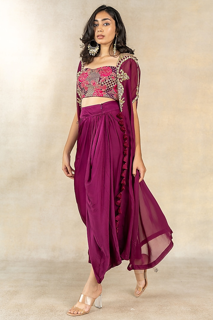 Magenta Organza Hand Embroidered Cape Set by TUSSAH BY SIDDHI SHAH