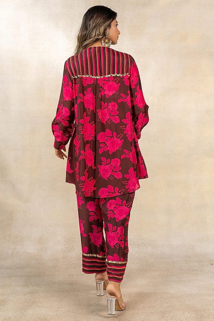 Brown Cotton Silk Floral Printed & Hand Embroidered Co-Ord Set by TUSSAH BY SIDDHI SHAH at Pernia's Pop Up Shop