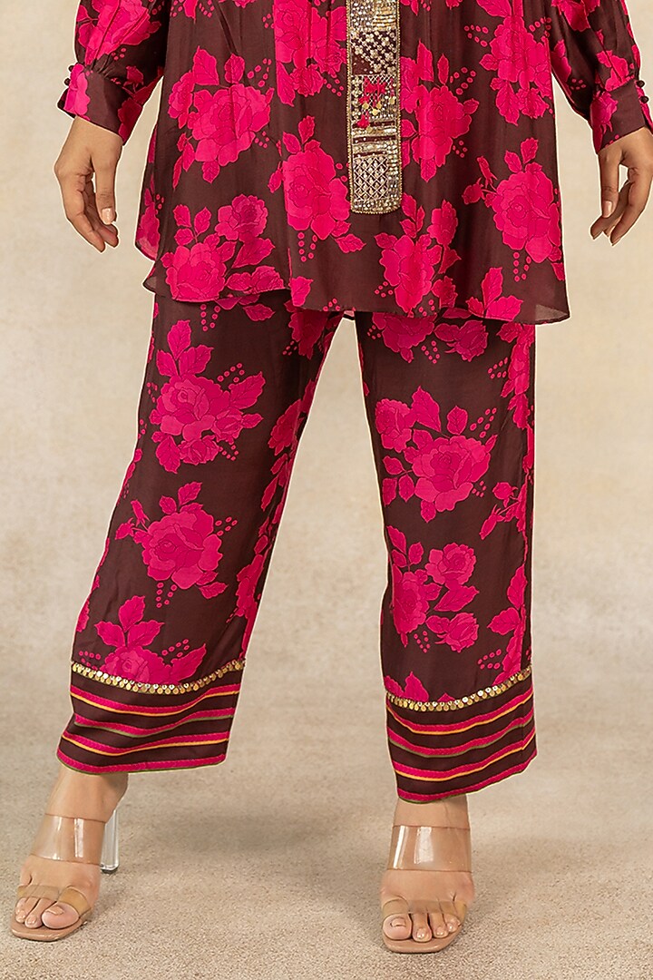 Brown Cotton Silk Floral Printed & Hand Embroidered Co-Ord Set by TUSSAH BY SIDDHI SHAH at Pernia's Pop Up Shop