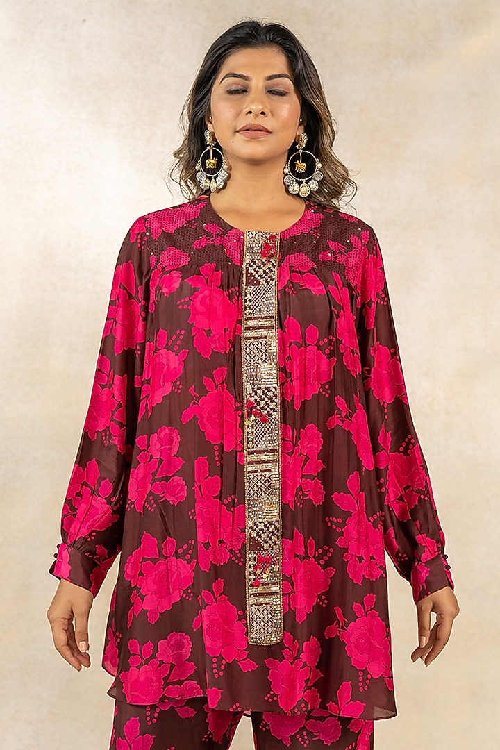 Brown Cotton Silk Floral Printed & Hand Embroidered Co-Ord Set by TUSSAH BY SIDDHI SHAH at Pernia's Pop Up Shop
