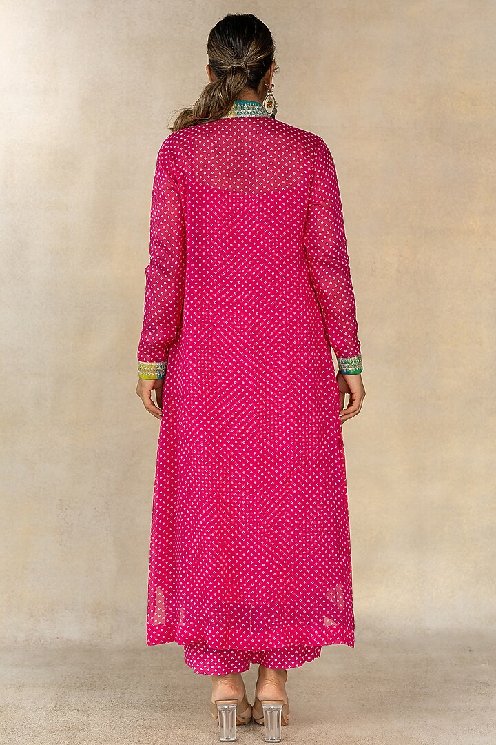 Pink Cotton Silk Bandhani Printed A-Line Kurta Set by TUSSAH BY SIDDHI SHAH at Pernia's Pop Up Shop