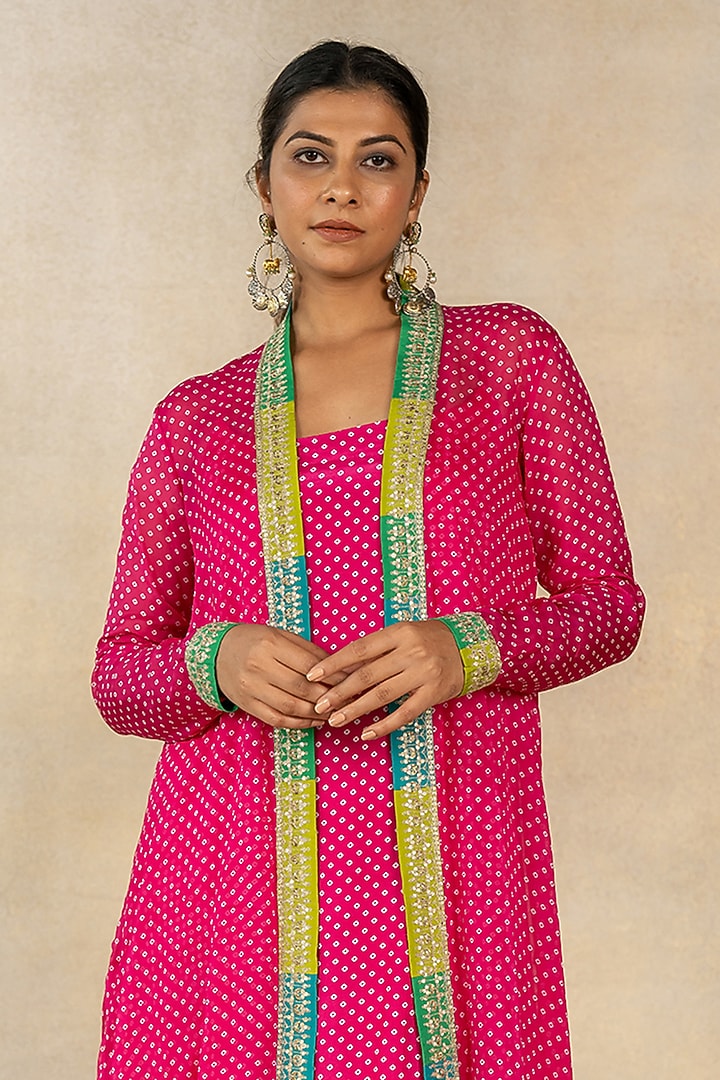 Pink Cotton Silk Bandhani Printed A-Line Kurta Set by TUSSAH BY SIDDHI SHAH at Pernia's Pop Up Shop