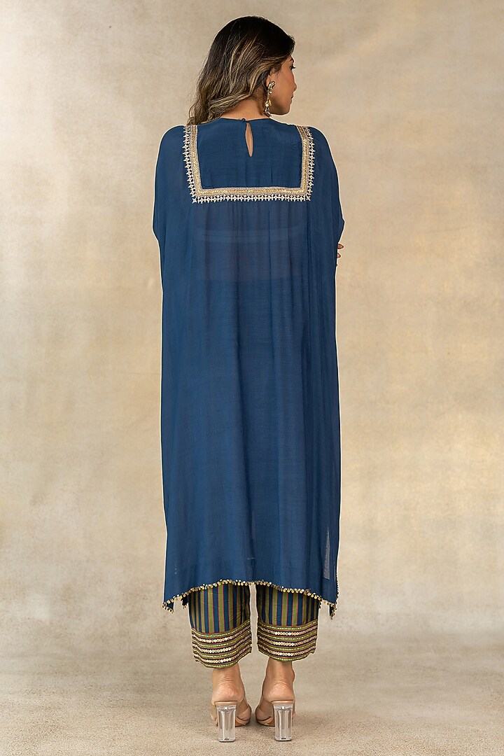 Teal Blue Cotton Silk Hand Embroidered Kaftan Set by TUSSAH BY SIDDHI SHAH at Pernia's Pop Up Shop