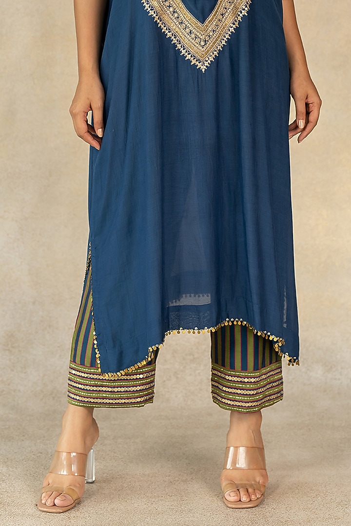 Teal Blue Cotton Silk Hand Embroidered Kaftan Set by TUSSAH BY SIDDHI SHAH at Pernia's Pop Up Shop