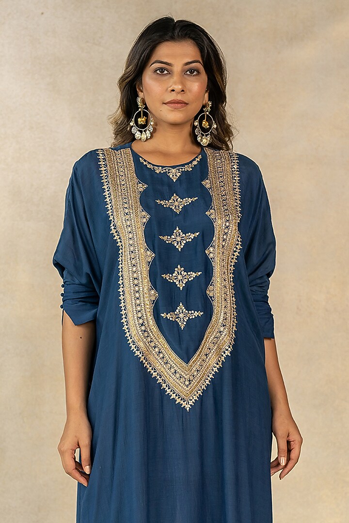 Teal Blue Cotton Silk Hand Embroidered Kaftan Set by TUSSAH BY SIDDHI SHAH at Pernia's Pop Up Shop
