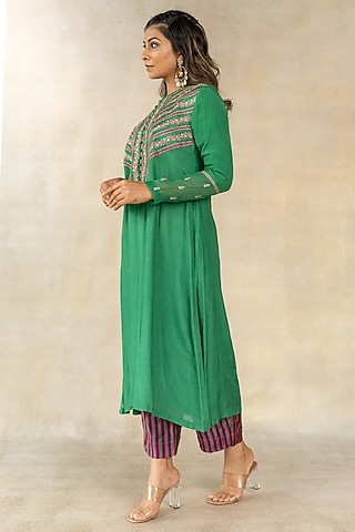 Dark Green Cotton Silk Floral Printed & Hand Embroidered A-Line Kurta Set by TUSSAH BY SIDDHI SHAH