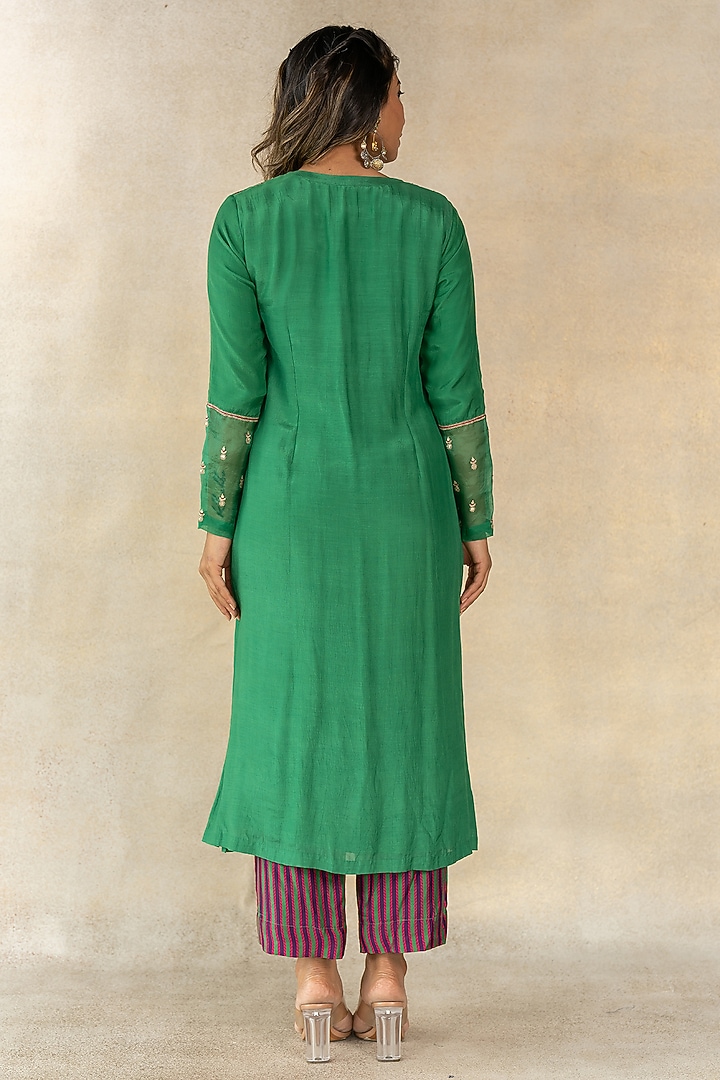 Dark Green Cotton Silk Floral Printed & Hand Embroidered A-Line Kurta Set by TUSSAH BY SIDDHI SHAH at Pernia's Pop Up Shop
