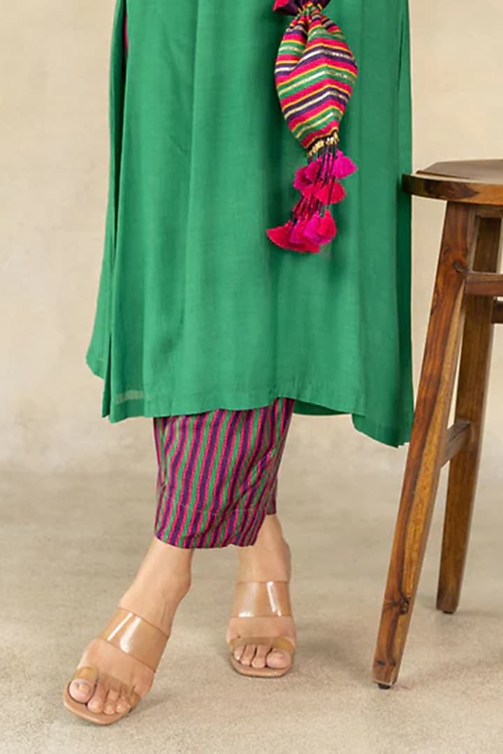 Dark Green Cotton Silk Floral Printed & Hand Embroidered A-Line Kurta Set by TUSSAH BY SIDDHI SHAH at Pernia's Pop Up Shop