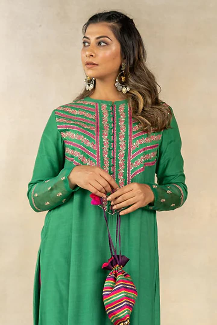 Dark Green Cotton Silk Floral Printed & Hand Embroidered A-Line Kurta Set by TUSSAH BY SIDDHI SHAH at Pernia's Pop Up Shop