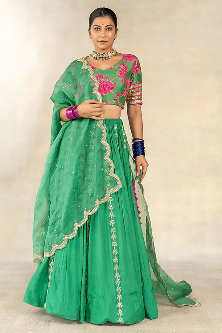 Dark Green Cotton Silk Floral Printed & Hand Embroidered Wedding Lehenga Set by TUSSAH BY SIDDHI SHAH at Pernia's Pop Up Shop