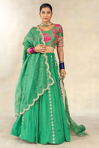 Dark Green Cotton Silk Floral Printed & Hand Embroidered Lehenga Set by TUSSAH BY SIDDHI SHAH