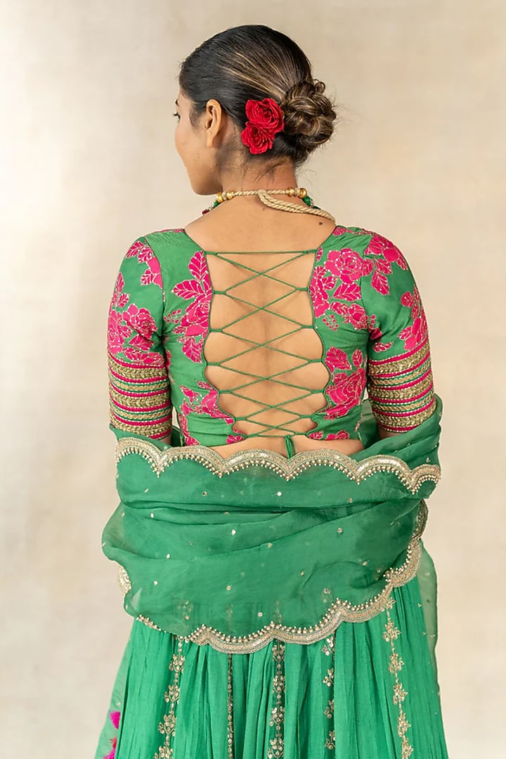 Dark Green Cotton Silk Floral Printed & Hand Embroidered Wedding Lehenga Set by TUSSAH BY SIDDHI SHAH at Pernia's Pop Up Shop