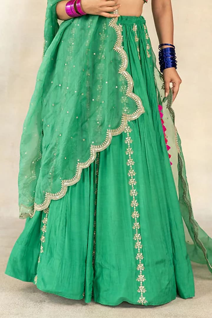 Dark Green Cotton Silk Floral Printed & Hand Embroidered Wedding Lehenga Set by TUSSAH BY SIDDHI SHAH at Pernia's Pop Up Shop