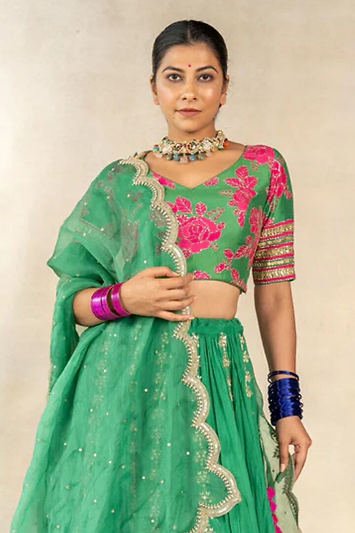 Dark Green Cotton Silk Floral Printed & Hand Embroidered Wedding Lehenga Set by TUSSAH BY SIDDHI SHAH at Pernia's Pop Up Shop