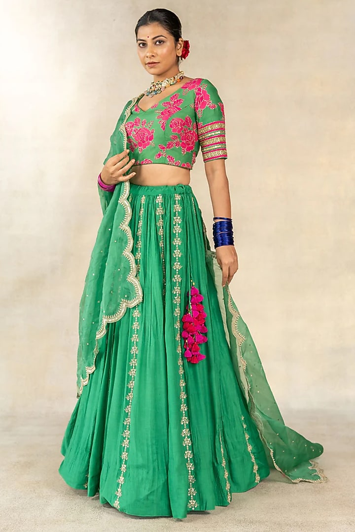 Dark Green Cotton Silk Floral Printed & Hand Embroidered Wedding Lehenga Set by TUSSAH BY SIDDHI SHAH at Pernia's Pop Up Shop