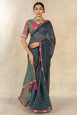 Dark Green Organza Striped Printed & Hand Embroidered Saree Set by TUSSAH BY SIDDHI SHAH